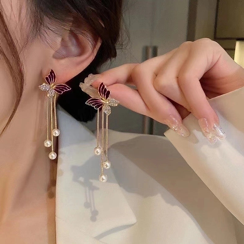1 Pair Sweet Heart Shape Flower Butterfly Inlay Imitation Pearl Alloy Rhinestones Earrings