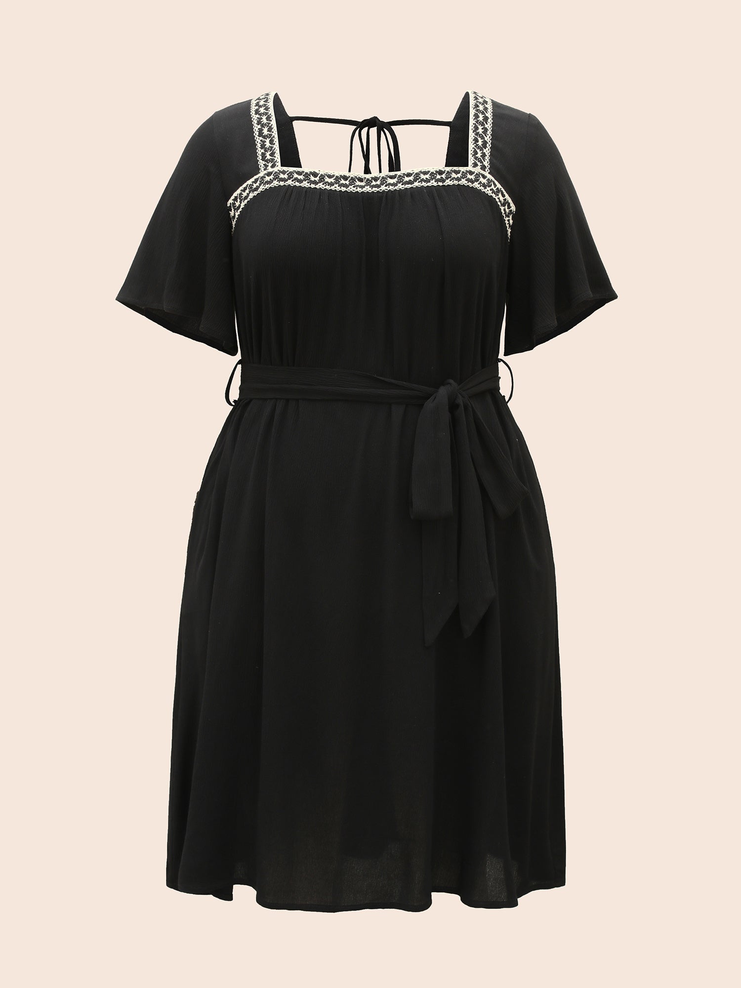 Square Neck Contrast Webbing Belted Dress