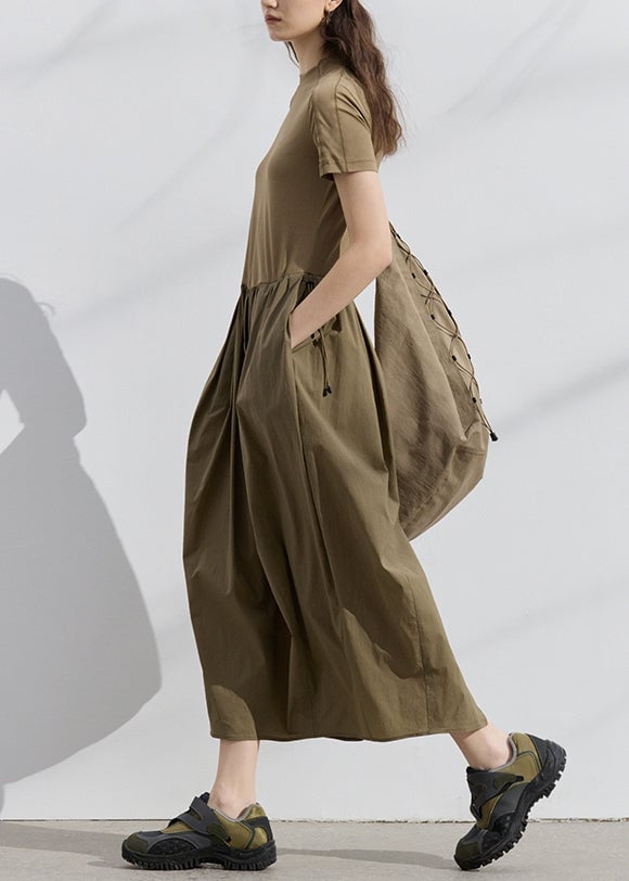 New Dark Khaki Pockets Wrinkled Patchwork Cotton Dresses Summer