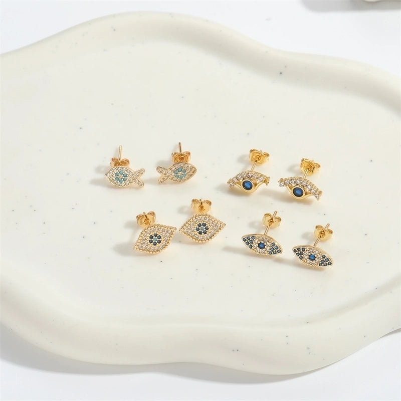 1 Pair Elegant Minimalist Commute Devil's Eye Enamel Inlay Copper Zircon 14K Gold Plated Ear Studs