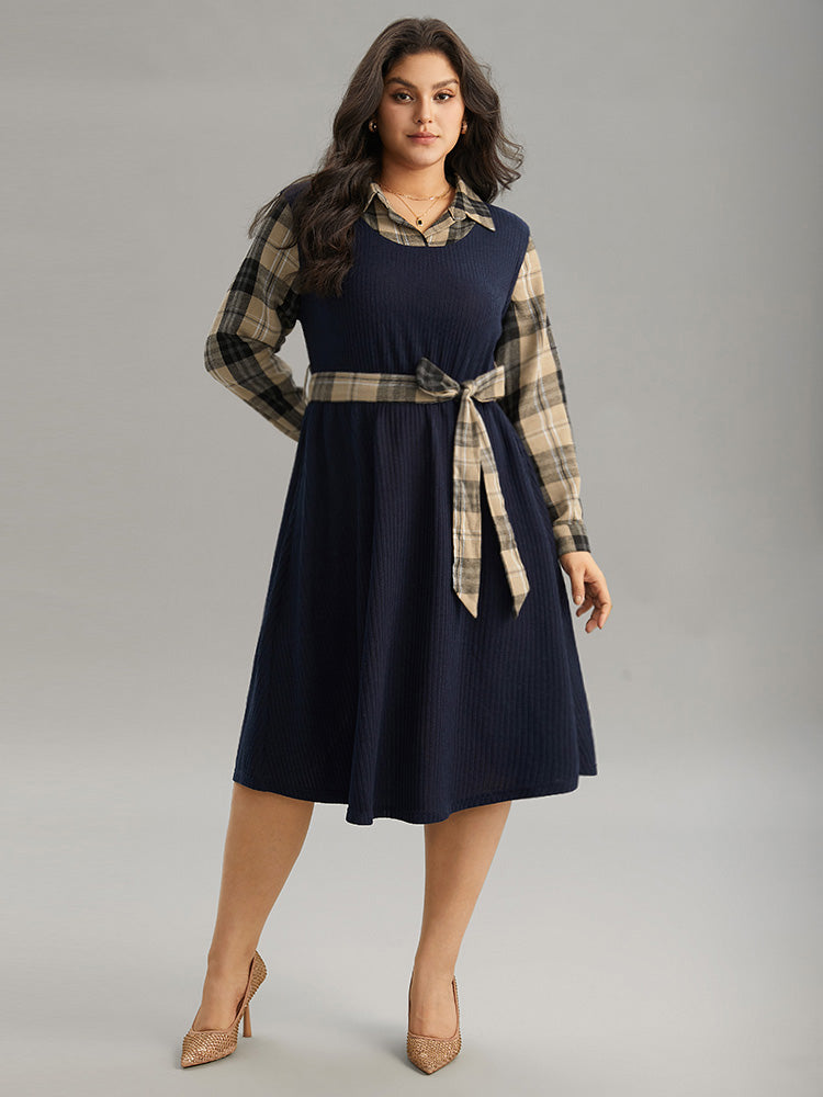 Plaid Patchwork Rib Knit Shirt Collar Belted Dress
