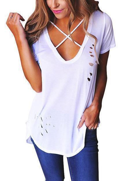 Solid Color Deep V-Neck Hole T-Shirt