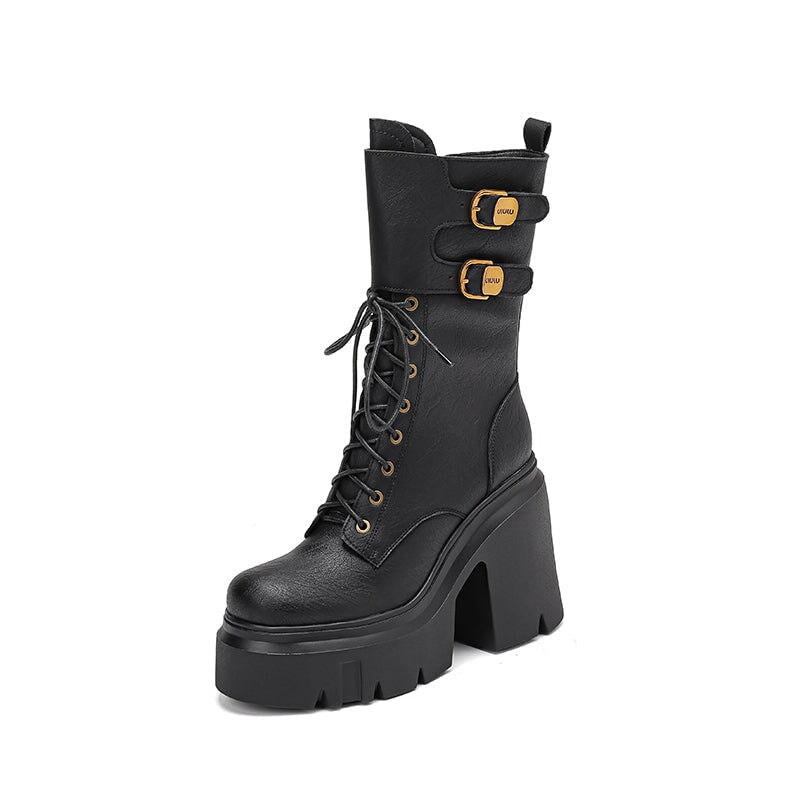Women Biker Boots Lace-Up Combat Boots Retro Short Boots Handmade Genuine Leather Platform Boots