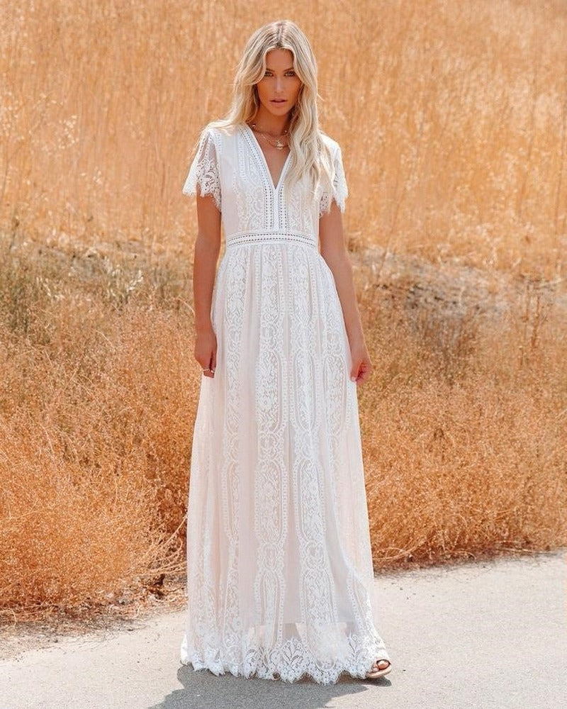 Boho Dress for Women|Bohemian Dress|Midi Boho Dress| Deep V-neck Lace Hollow Out Bohemian Maxi Dress Vintage Lady White Boho Dresses|Wedding Guest Dress