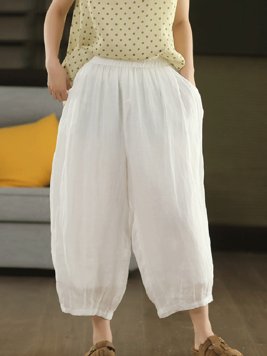 Women Summer Retro Pure Color 100%Ramie Bloomers