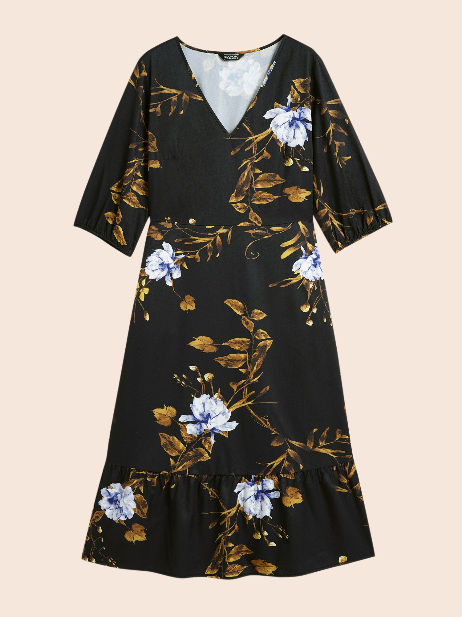 Floral Print V Neck Lantern Sleeve Dress