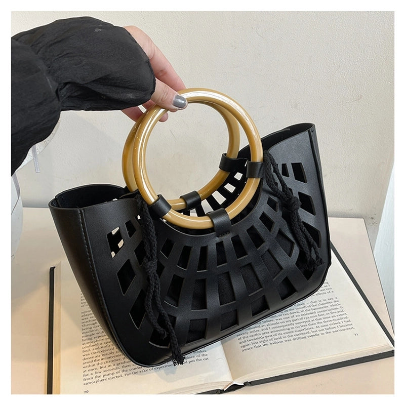 Women's Pu Leather Solid Color Classic Style Hollow Square String Handbag
