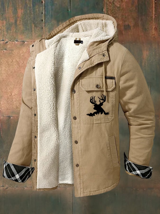 Men's Deer Print Fleece Hooded Washed Cotton Jacket