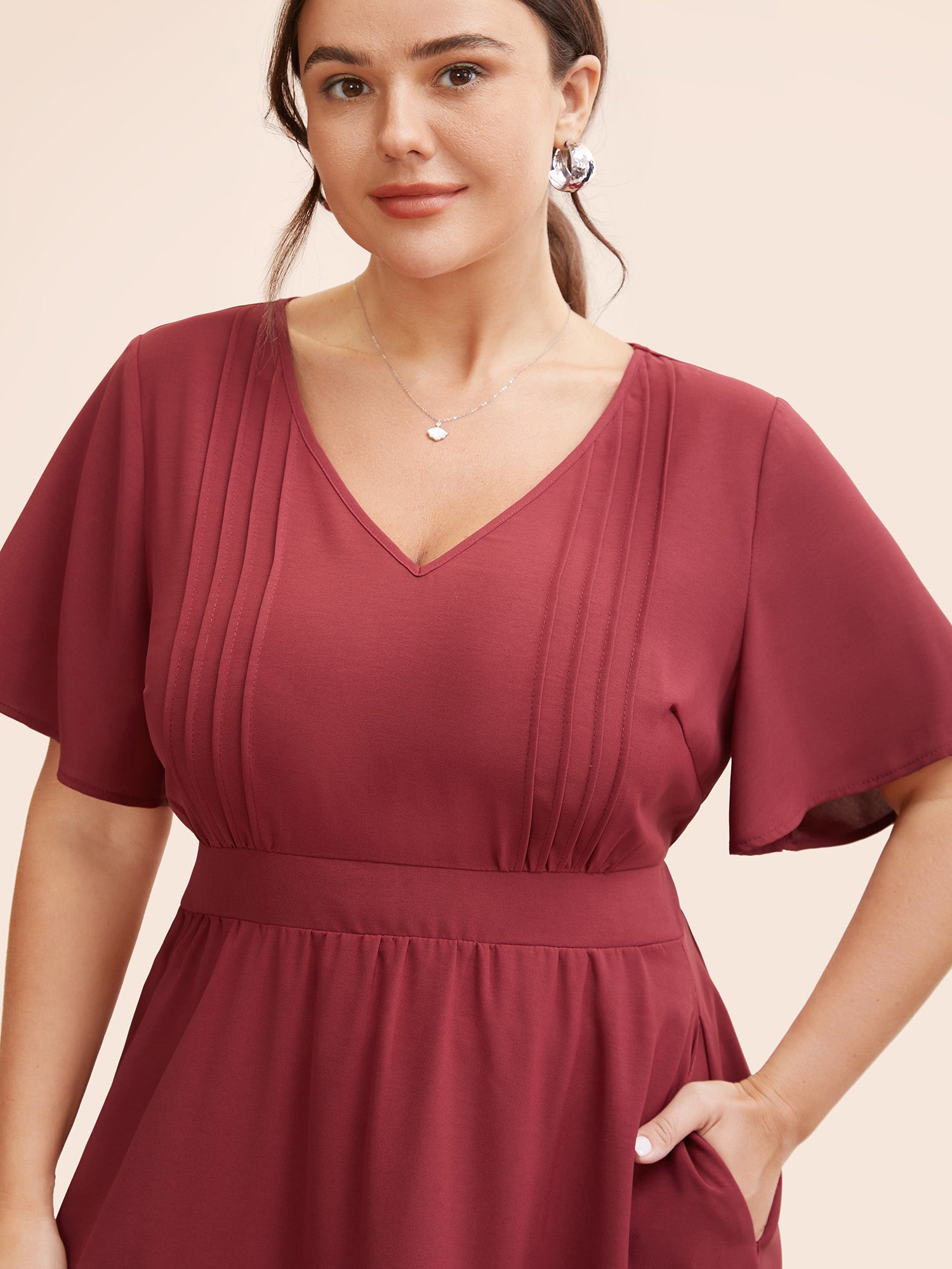 V Neck Pleated Shirred Midi Dress