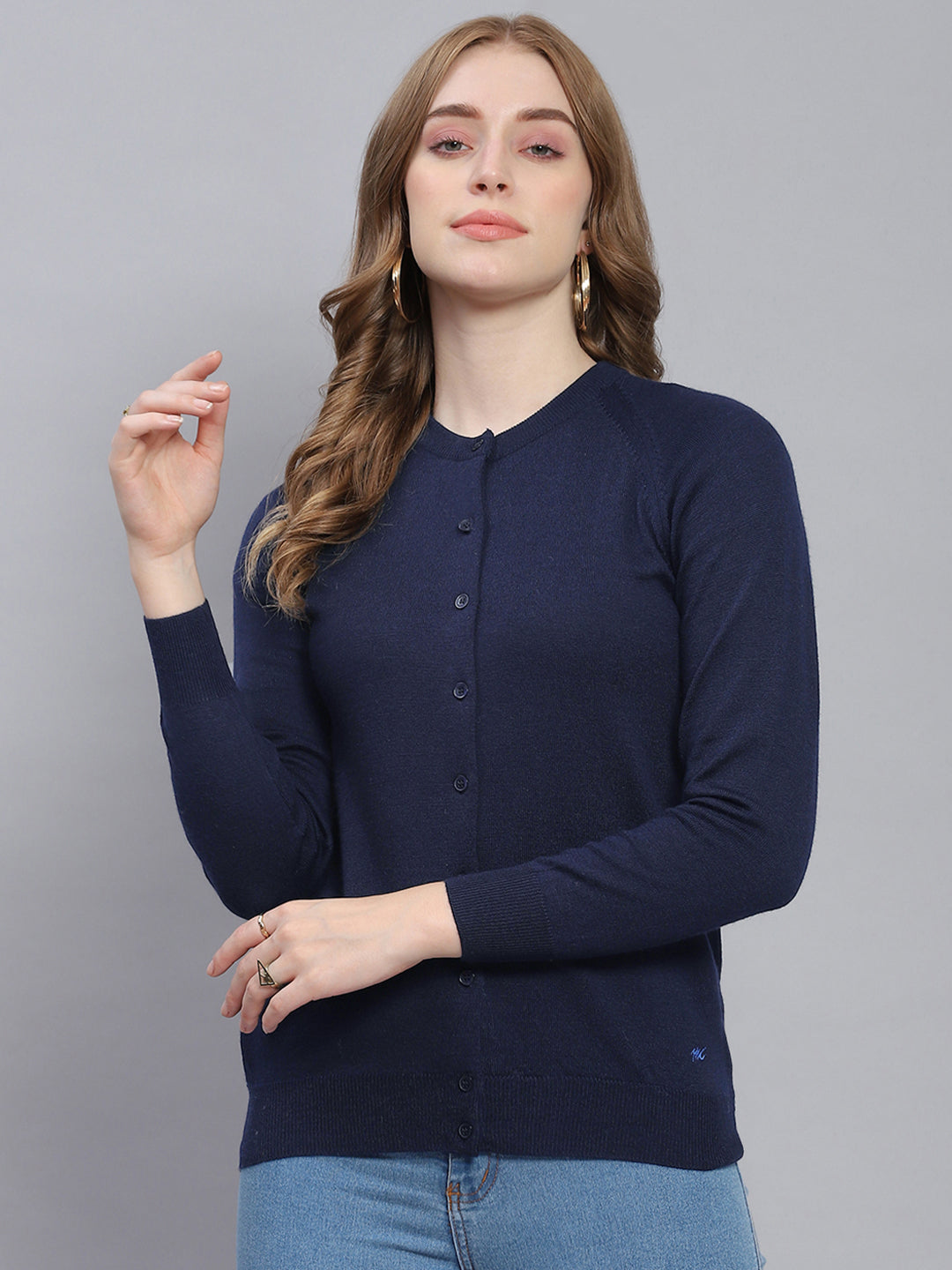 Women Navy Blue Solid Round Neck Full Sleeve Cardigans