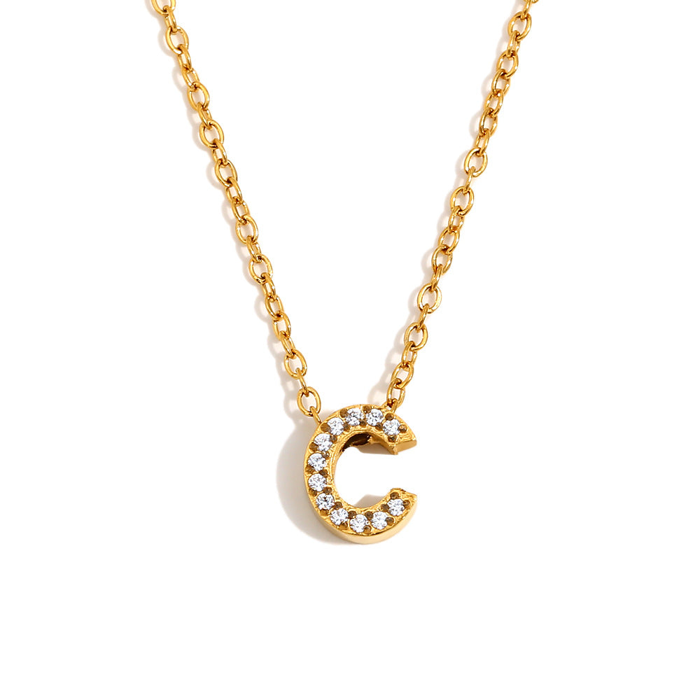 Fashionable And Simple 26 English Letter Pendant Stainless Steel Plated 18K Gold Diamond Small Letter Necklace For Women