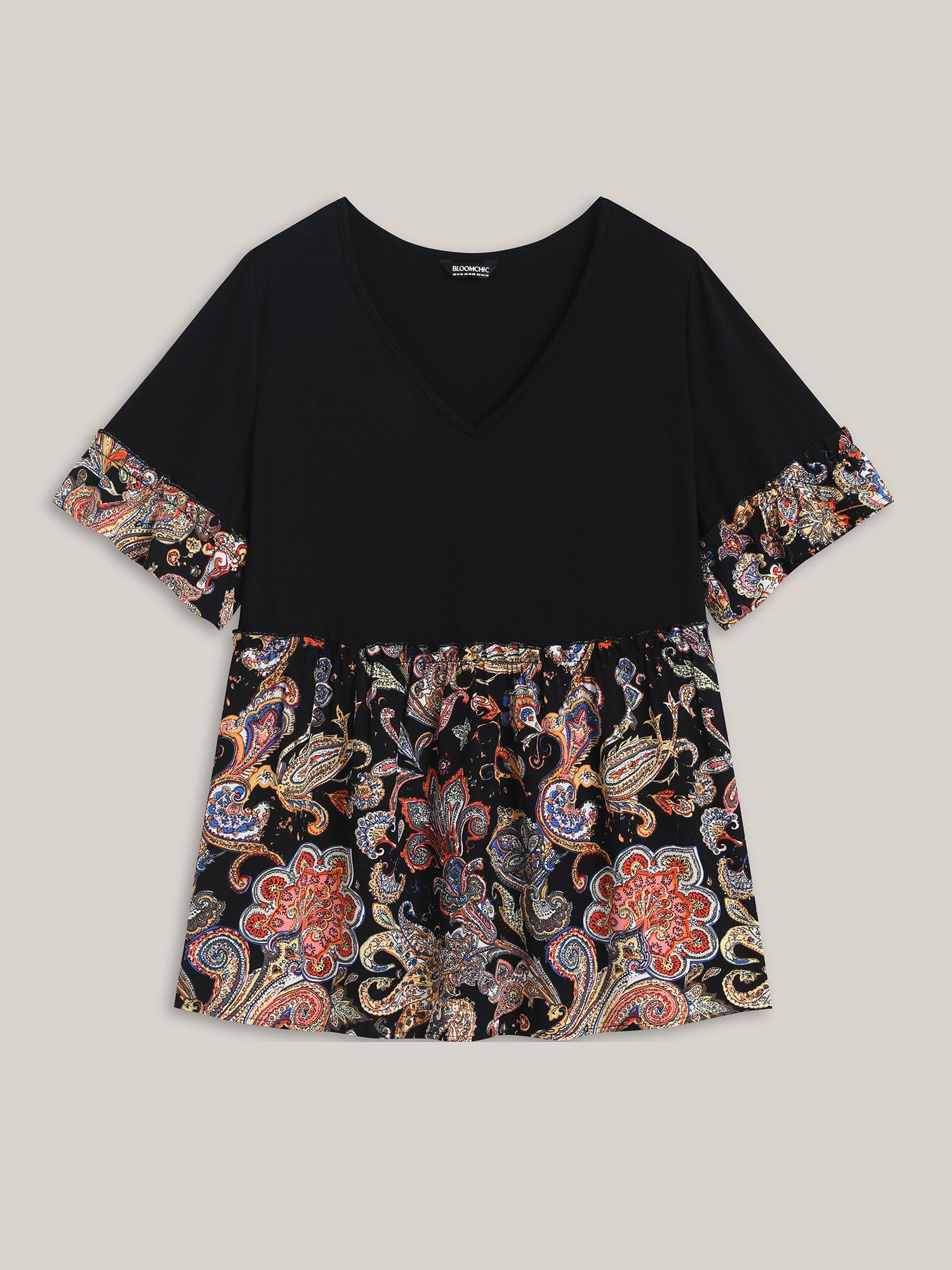 Floral Print Spliced V-Neck Knit Top
