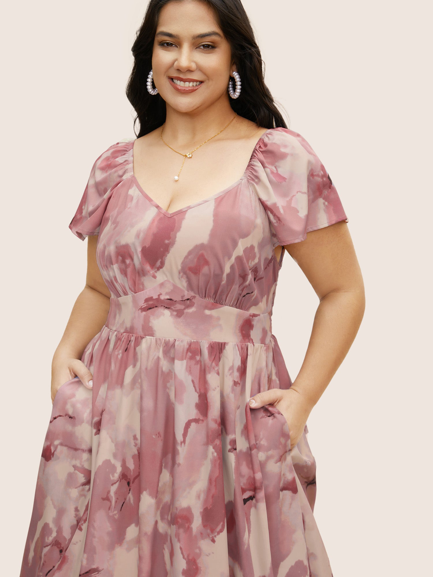 Watercolor Floral Ruffles Shirred Gathered Dress