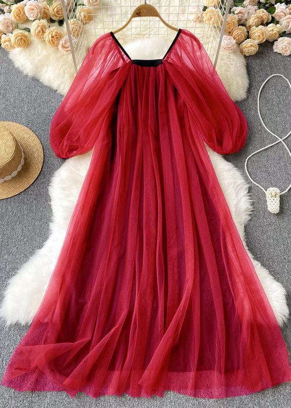 Coffee Square Collar Wrinkled Patchwork Tulle Dresses Lantern Sleeve