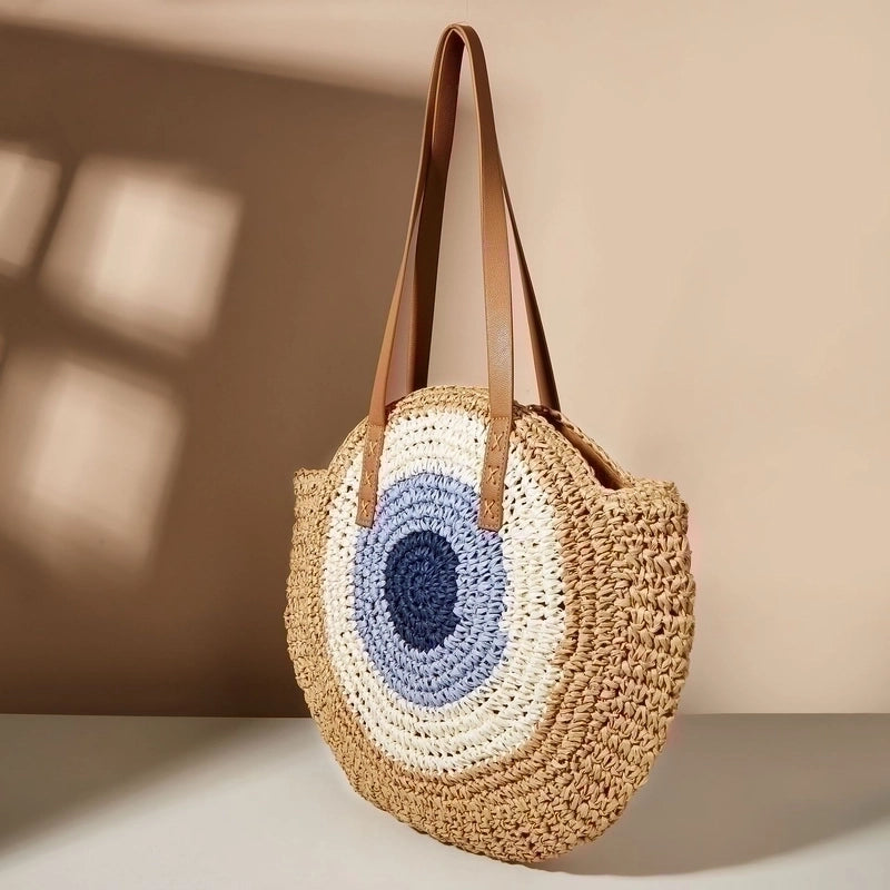 Women's Medium Straw Geometric Vintage Style Weave Round Zipper Straw Bag