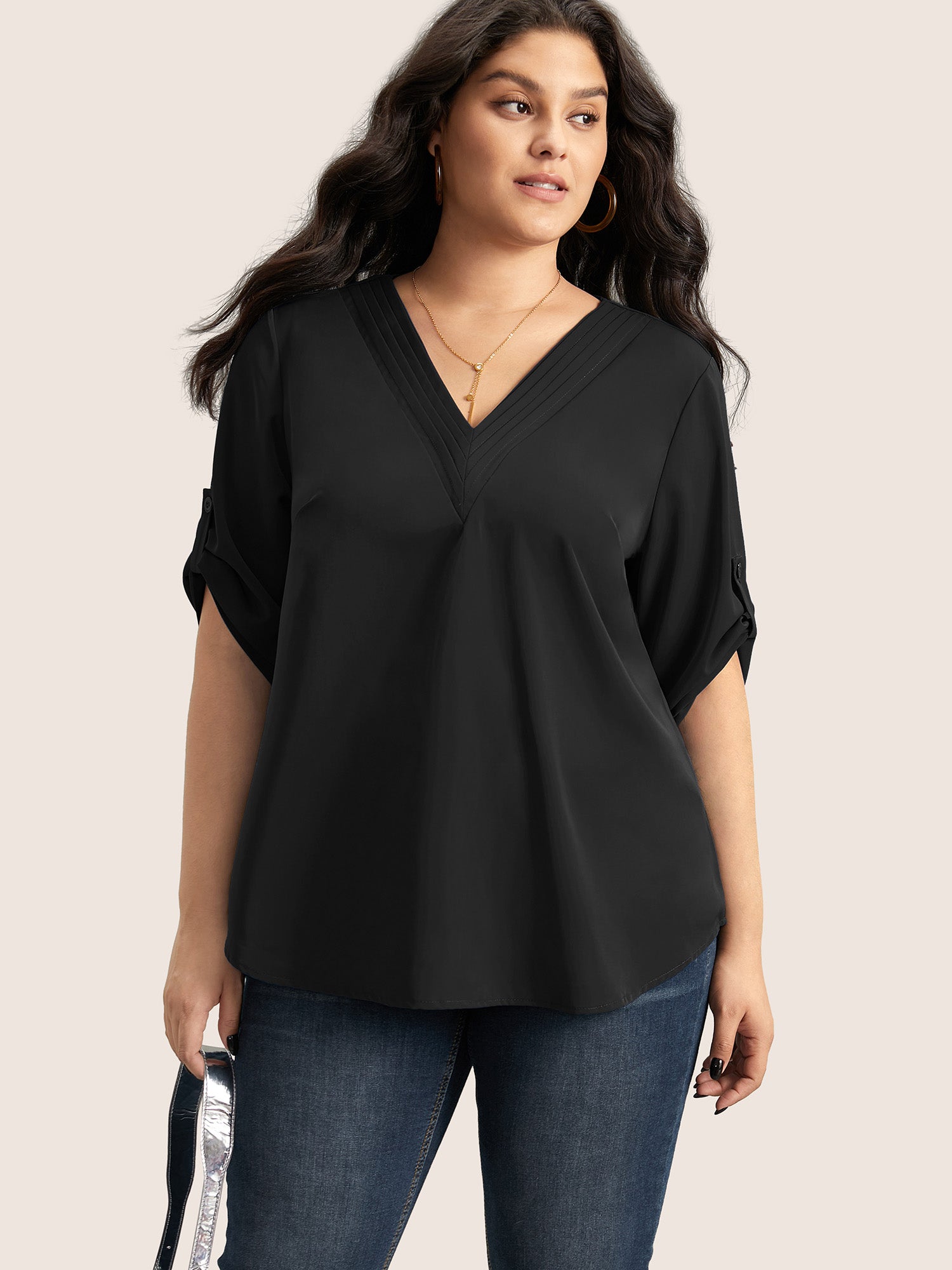 V Neck Plain Pleated Tab Sleeve Blouse