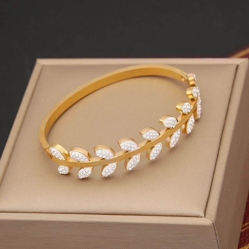 Casual Tree Leaves Eye Stainless Steel 18K Gold Plated Zircon Bangle In Bulk