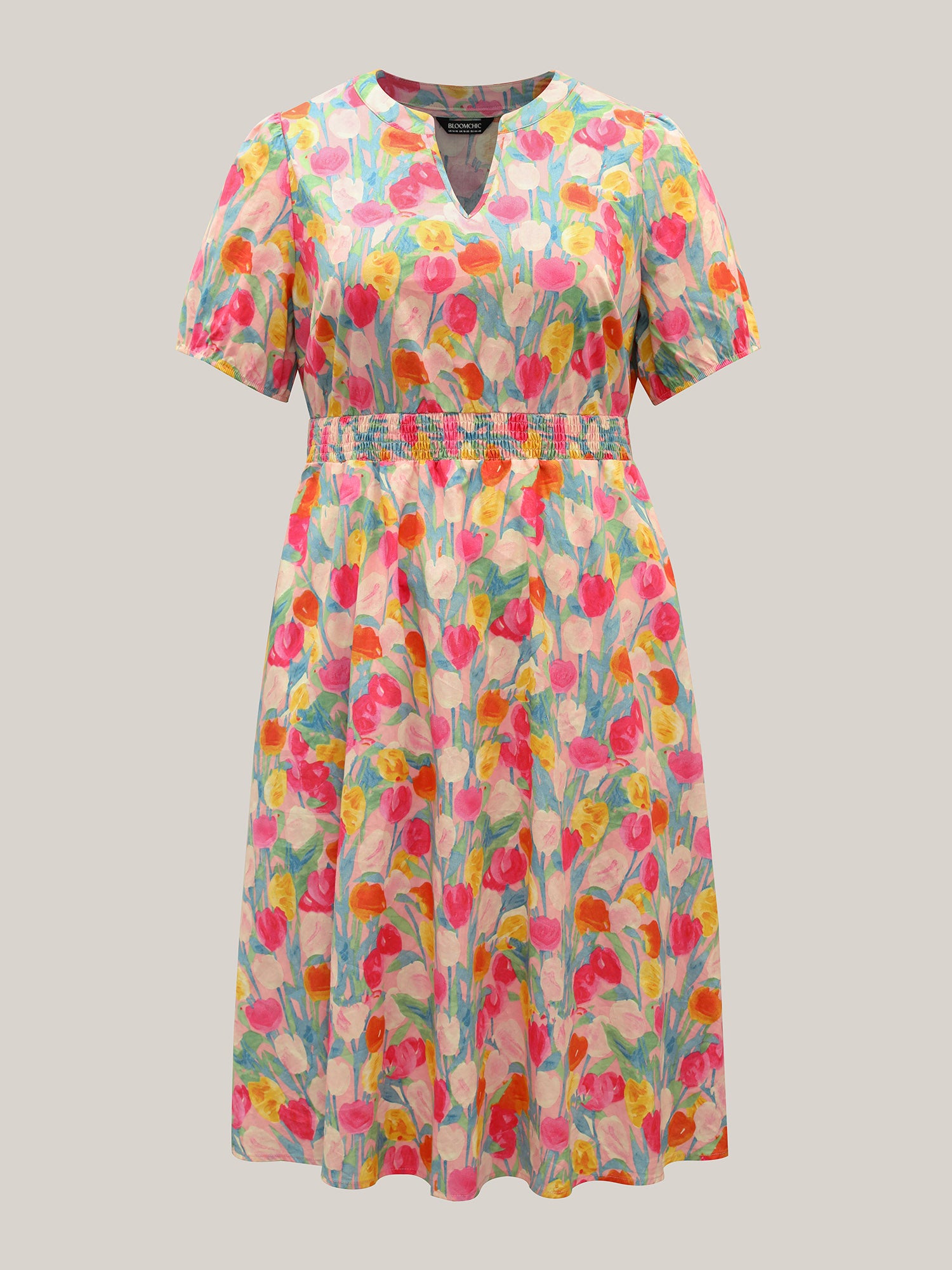 Cotton Rosy Garden Shirred Waist Pockets Midi Dress