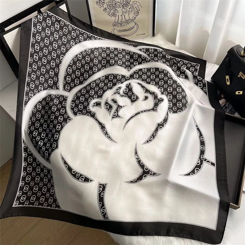 Women's Elegant Sweet Color Block Satin Printing Flowers Silk Scarf