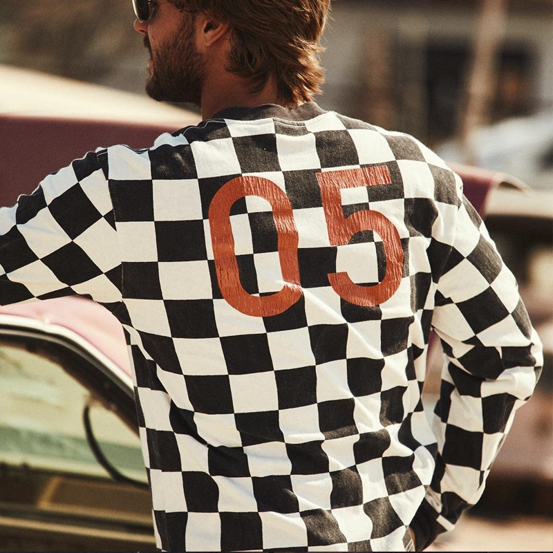 Black and white check motorcycle long-sleeved Casual T-shirt