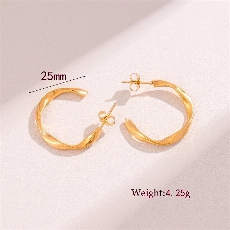 2 Pieces Retro Minimalist Round Waves Plating 201 Stainless Steel 18K Gold Plated Hoop Earrings