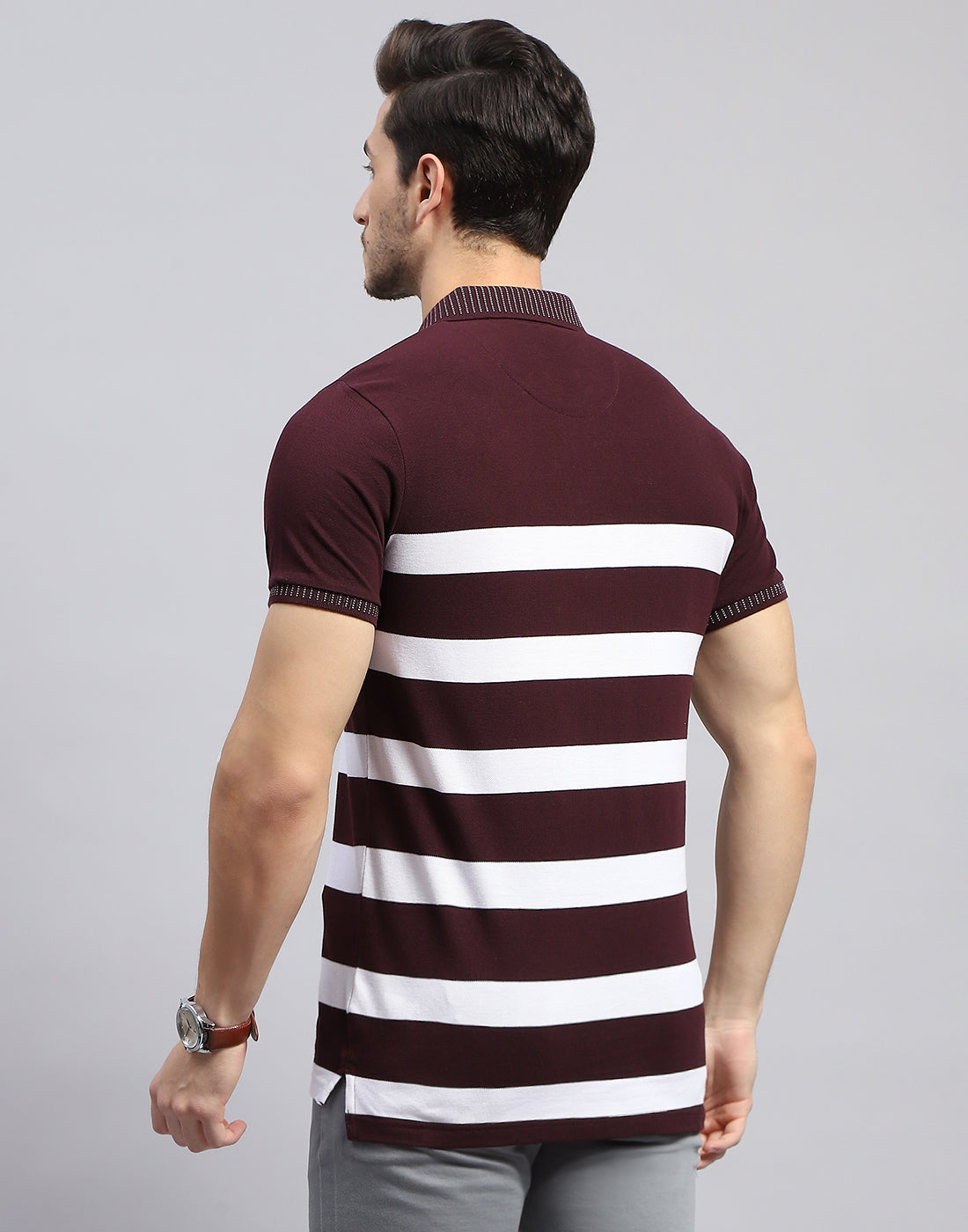 Men Maroon Stripe Polo Collar Half Sleeve T-Shirt