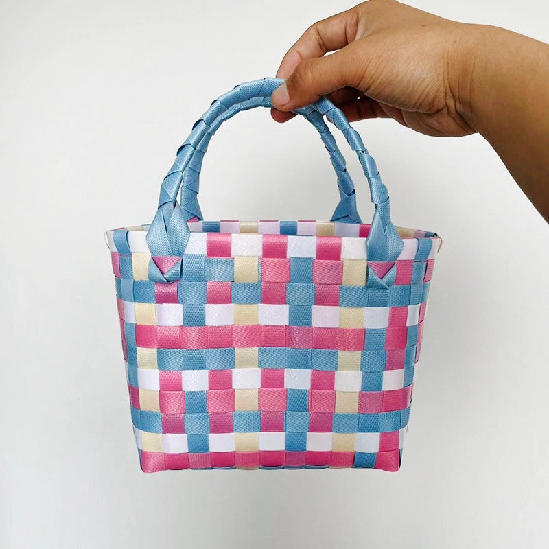 Women's PVC Color Block Plaid Vacation Weave Square Open Square Bag