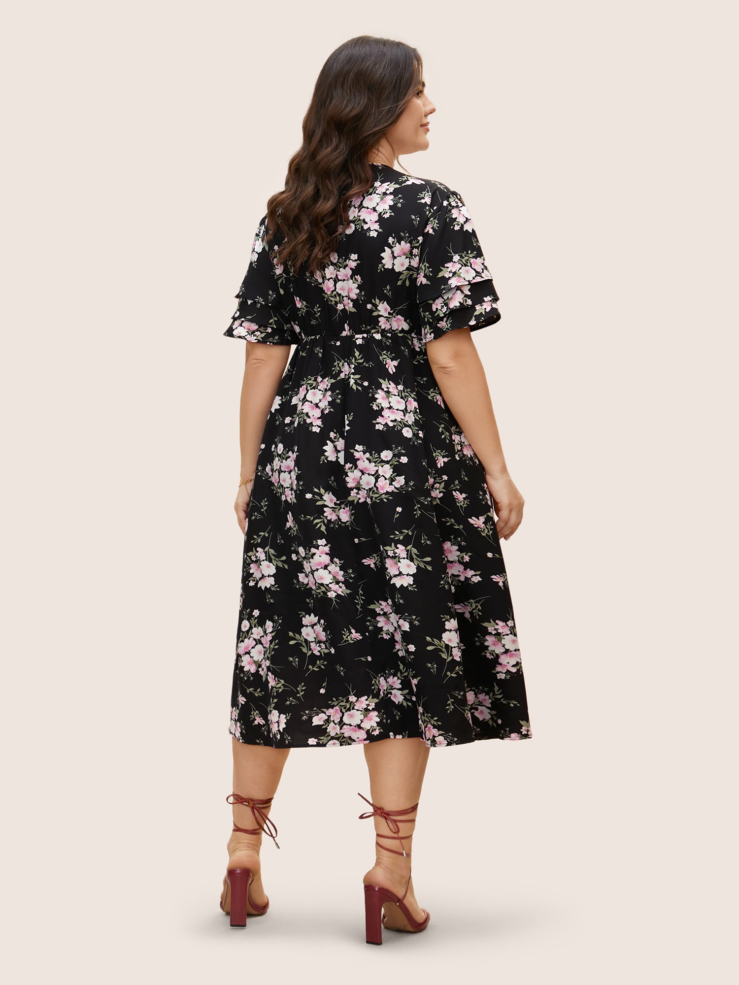 Floral Elastic Waist Tiered Ruffle Sleeve Dress