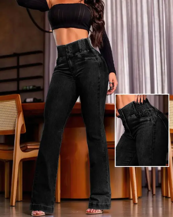 🔥Hot Sale🔥Women's Back Shirred Button Front Jeans High Waist Pants with Pockets