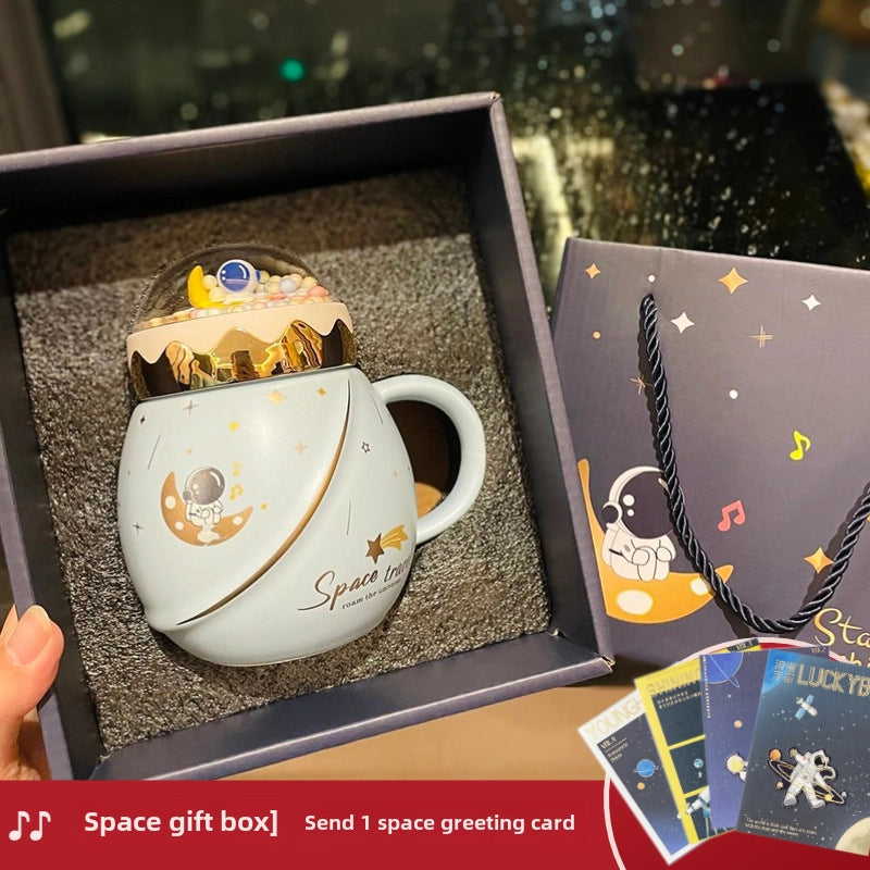 2 Pieces Astronaut Series Space Mug With Lid And Spoon Ceramic Couple Water Cup Girl Gift Set Boyfriend Gift