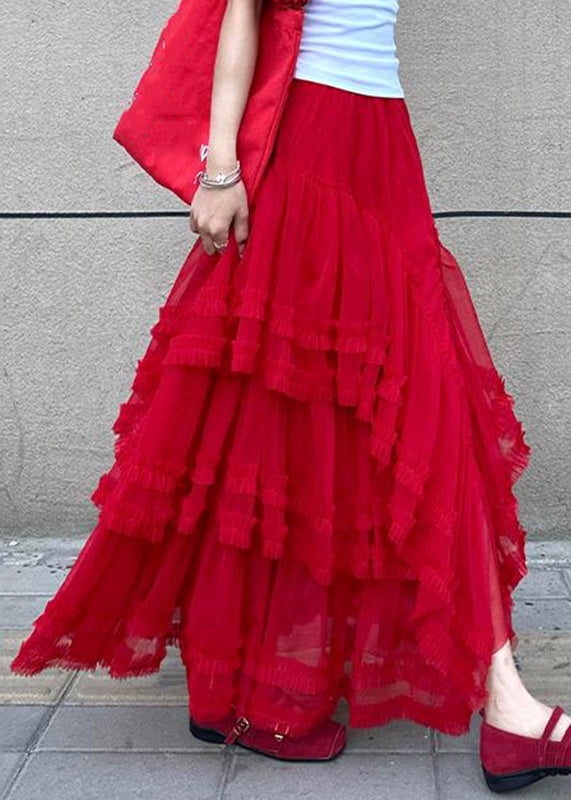 Style Red Elastic Waist Tulle Maxi Cake Skirt Summer