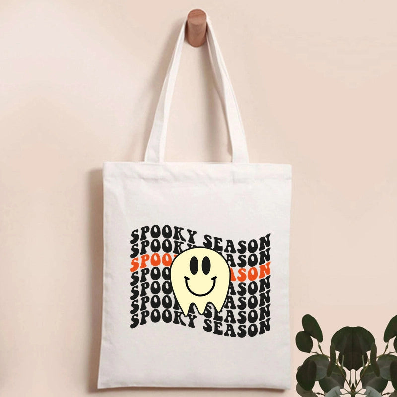 Halloween Women's Canvas Pumpkin Letter Cute Square Open Canvas Bag