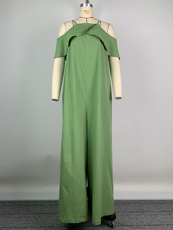 High Waisted Loose Solid Color Zipper Cold Shoulder Jumpsuits