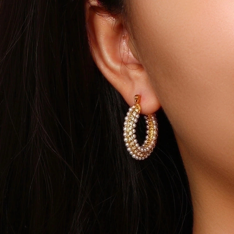 1 Pair Fashion U Shape Plating Inlay 304 Stainless Steel Pearl Zircon 18K Gold Plated Hoop Earrings