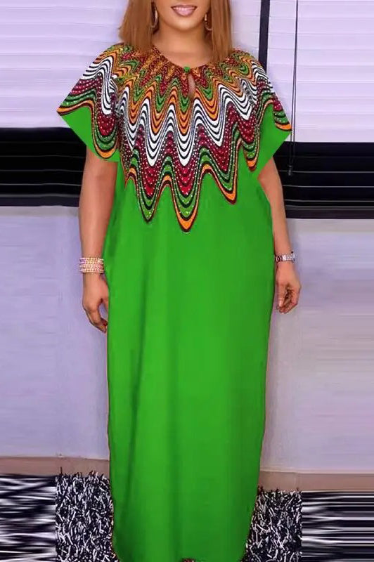 Casual Plus Size Loose Short Sleeve Printed Loose Oversized Maxi Dress