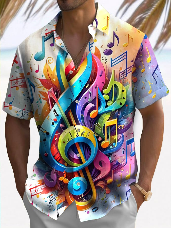 Men's Fashionable Music Note Print Short Sleeve Shirt