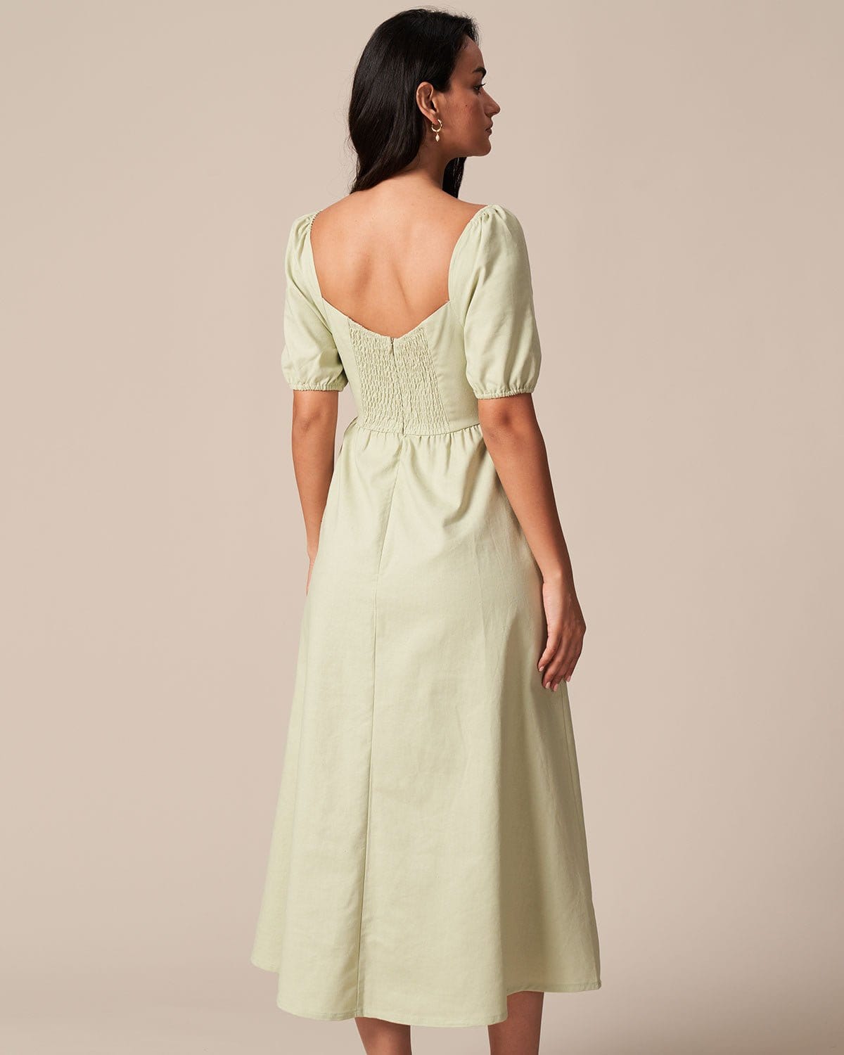 The Light Green Square Neck Shirred Midi Dress
