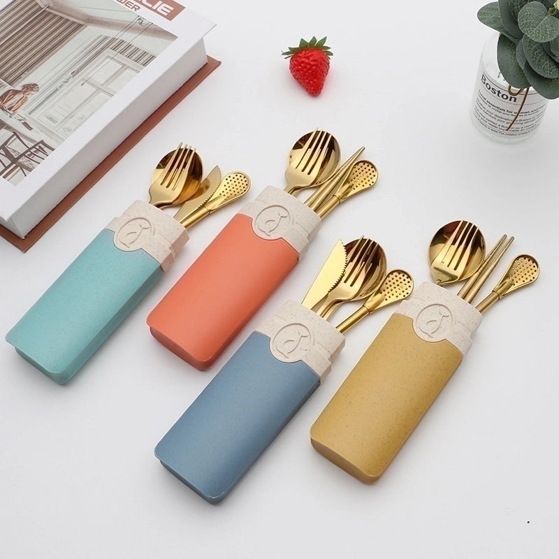 Retro Pastoral Color Block Stainless Steel Spoon Fruit Knife Fruit Fork 1 Set