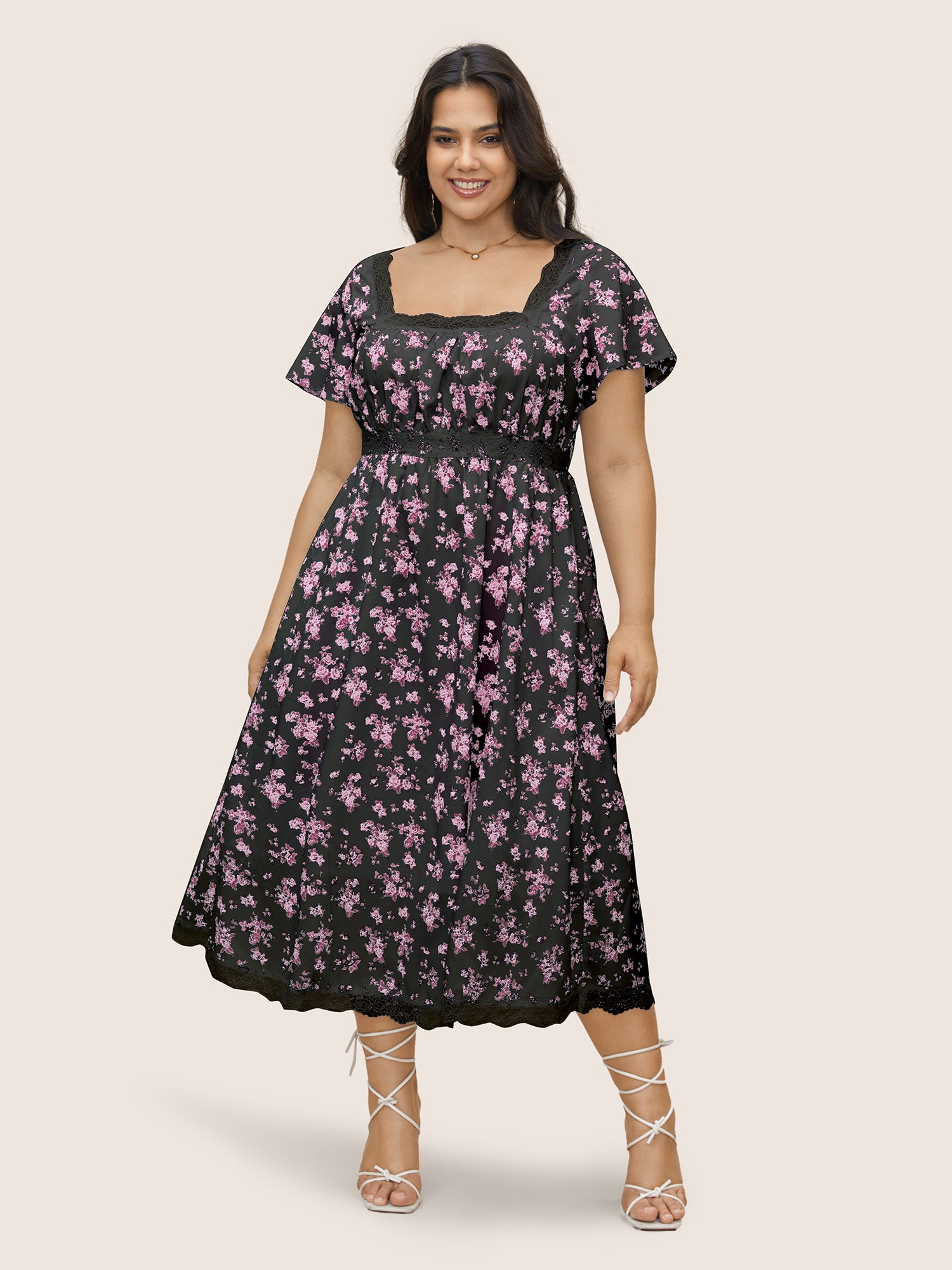 Square Neck Lace Panel Pocket Dress