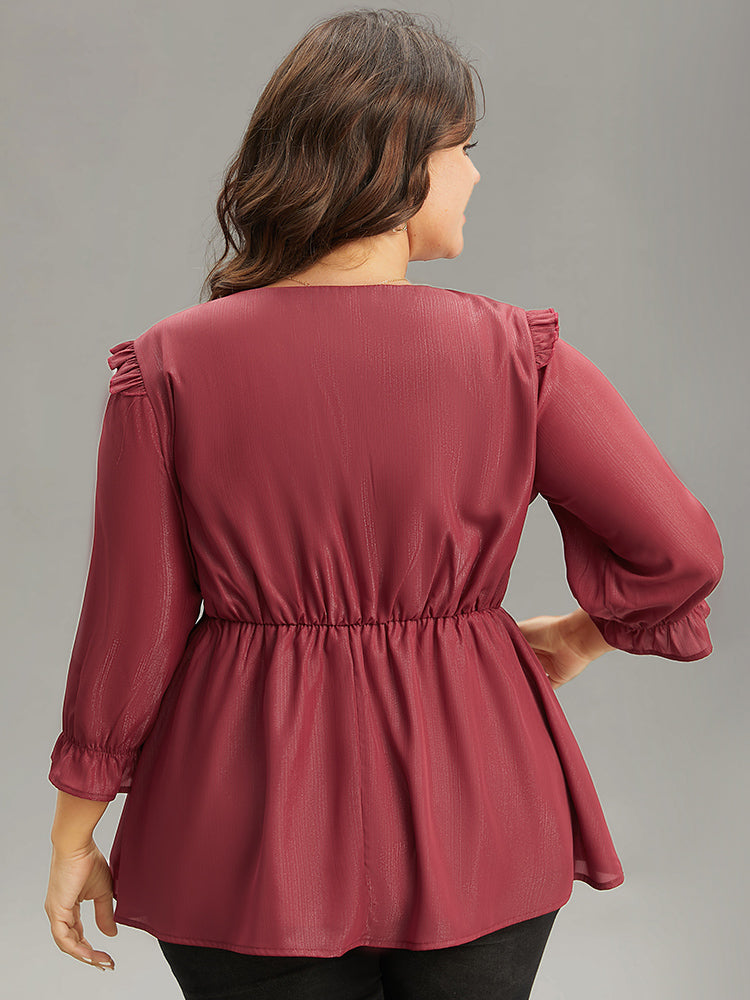 Solid Frill Trim Ruched Elastic Waist Blouse