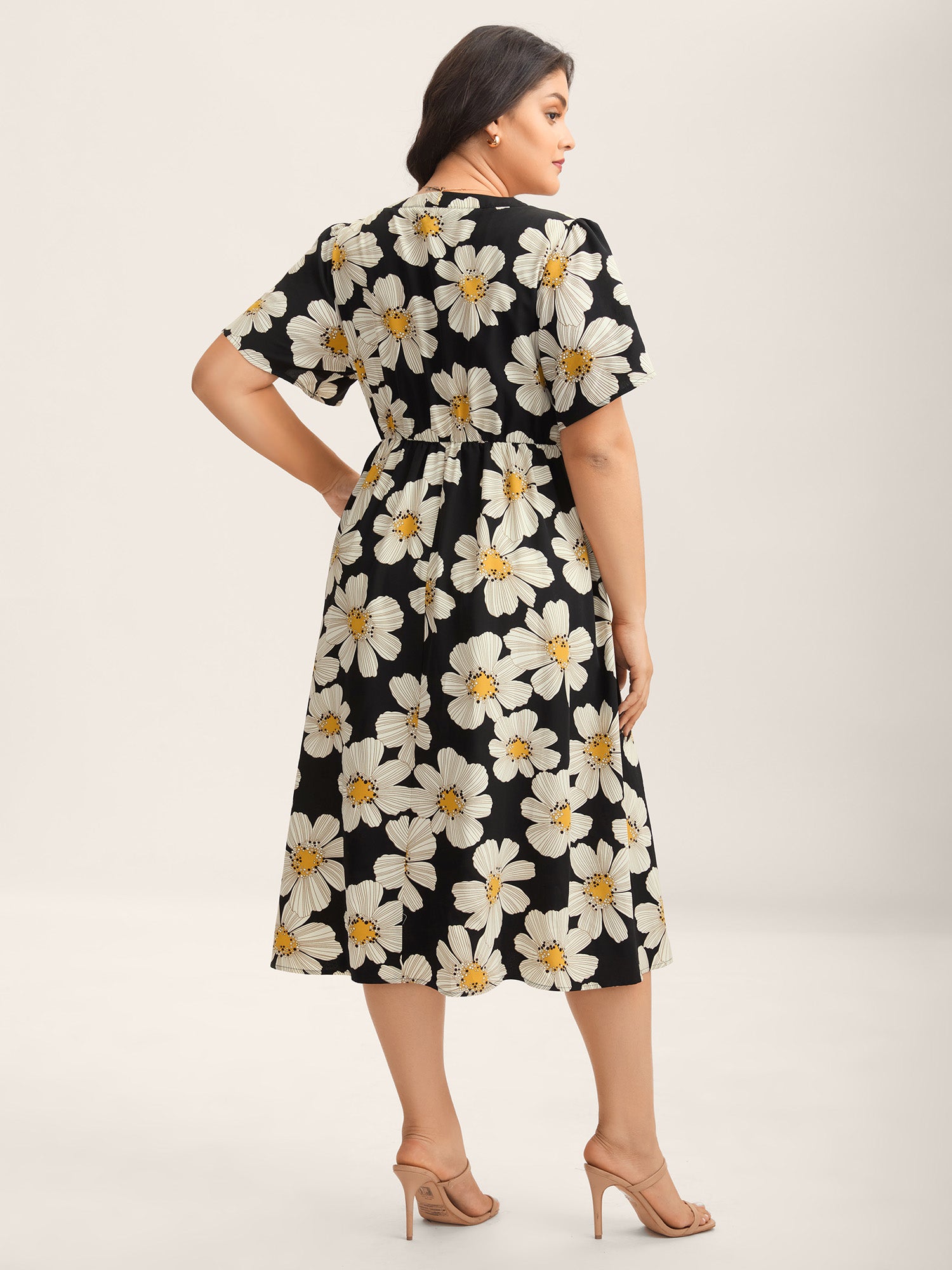 Large Floral Print Notched Collar Midi Dress