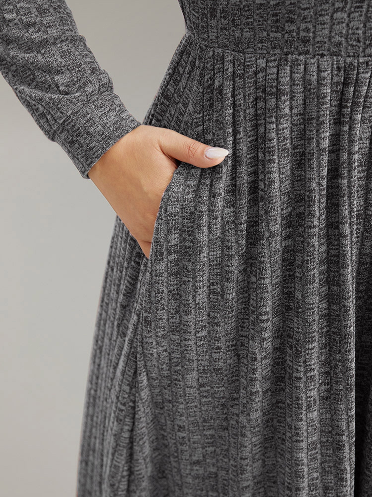 Rib Knit Plain Plisse Long Sleeve Dress