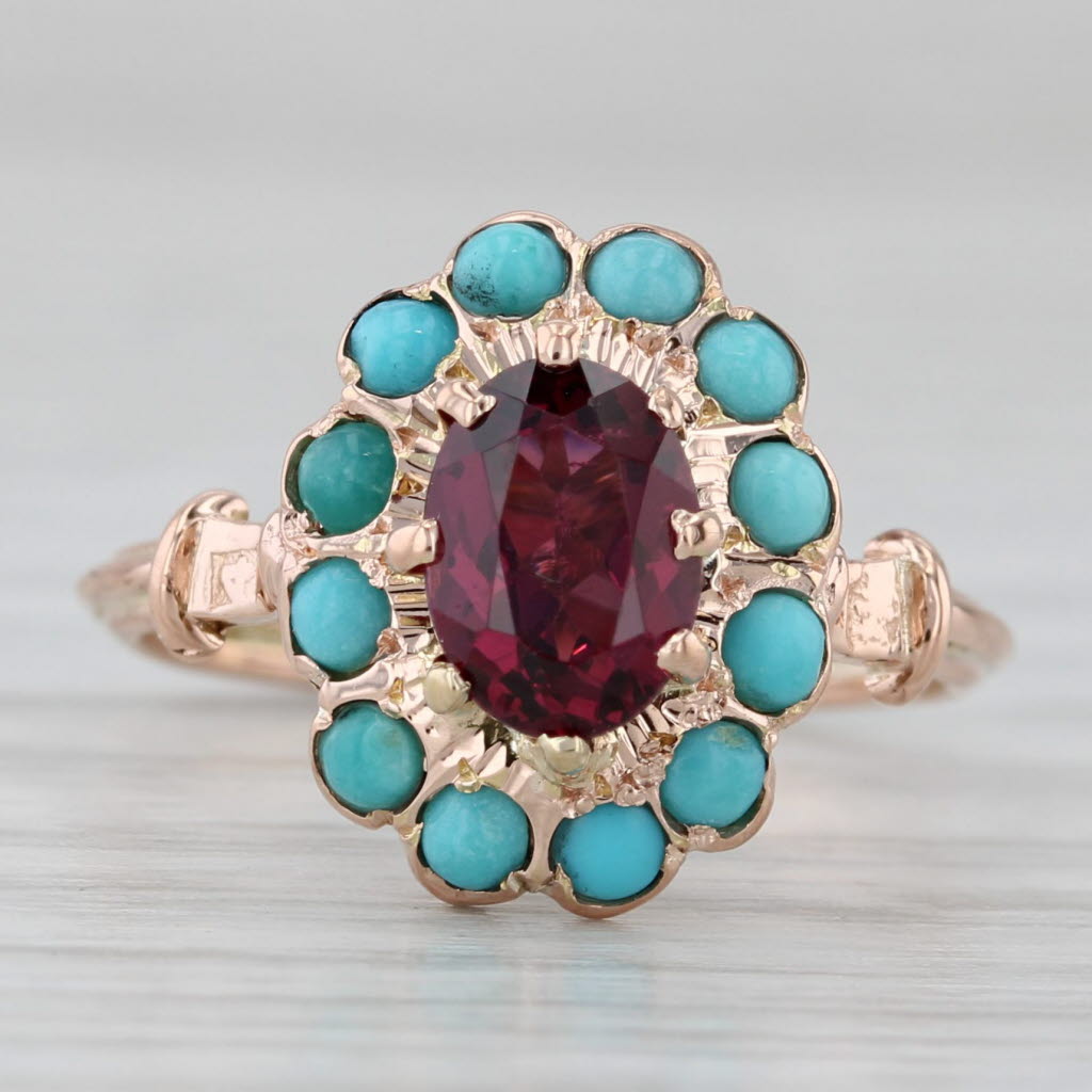 Vintage Rhodolite Garnet Turquoise Halo Ring 12k Rose Gold Size 5