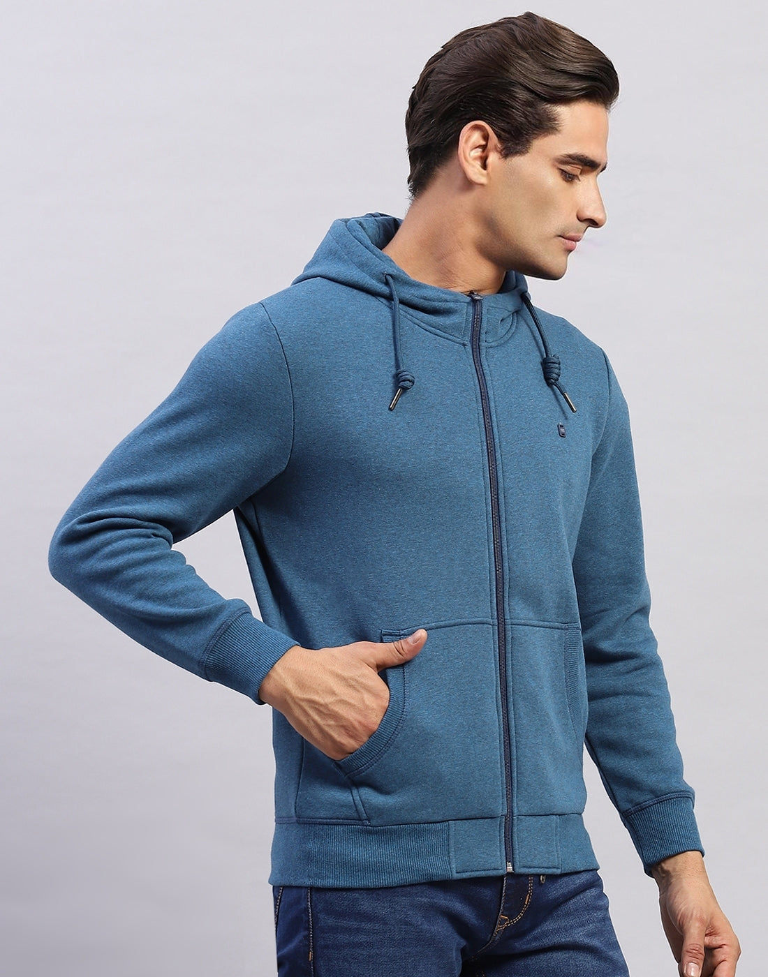 Men Blue Solid Hooded Full Sleeve Sweatshirt