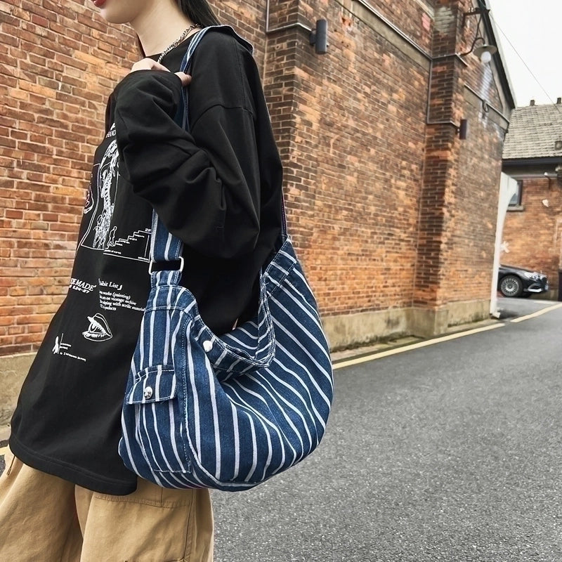 Unisex Denim Stripe Vacation Sewing Thread Square Magnetic Buckle Shoulder Bag