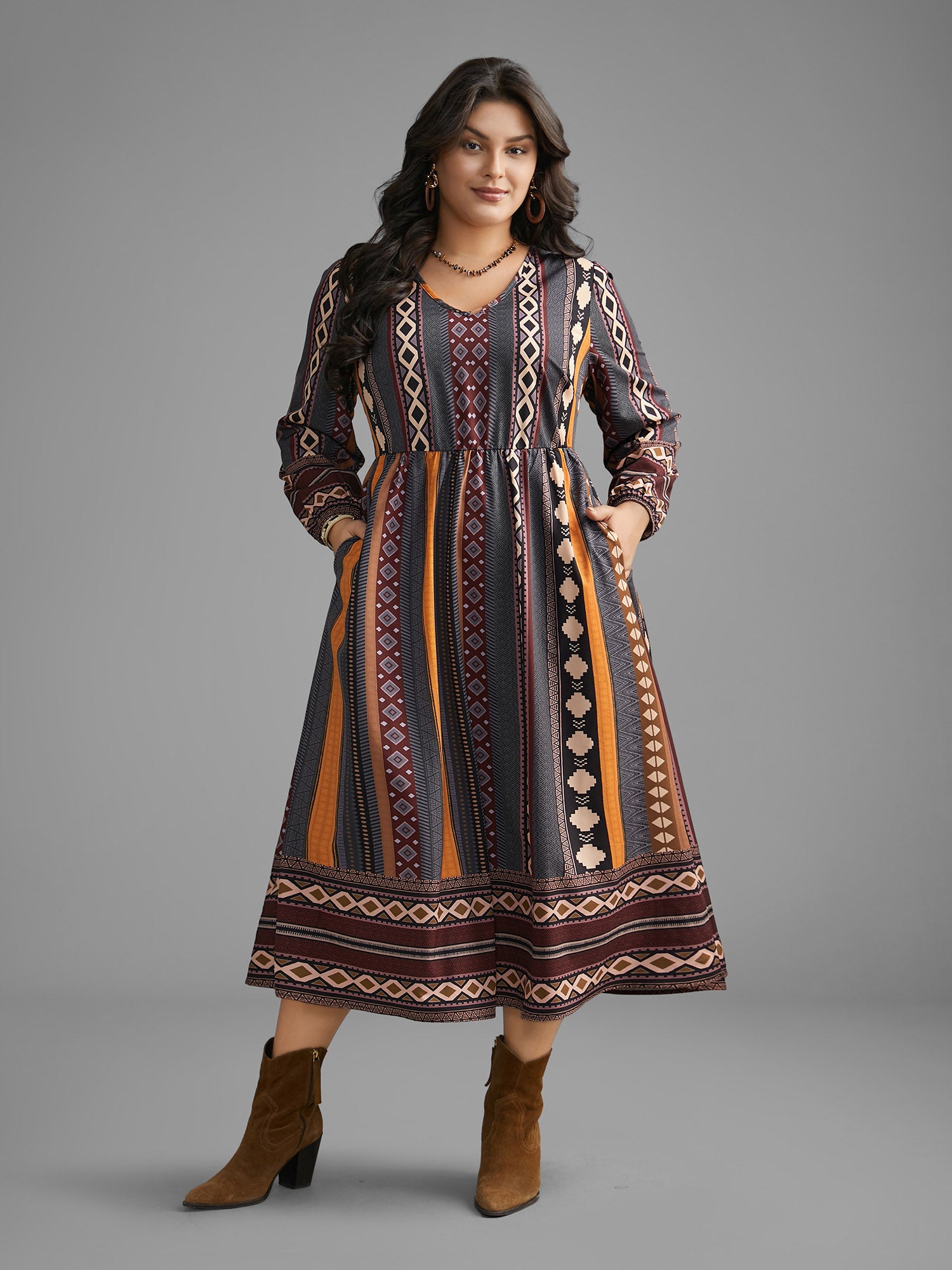 Bandana Striped Lantern Sleeve Midi Dress