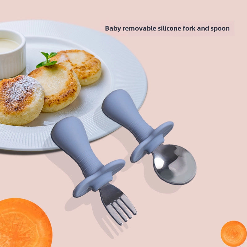 Baby Silicone Fork Spoon Children's Stainless Steel Training Short Fork Spoon Children's Tableware Set Portable Short Handle Fork Spoon