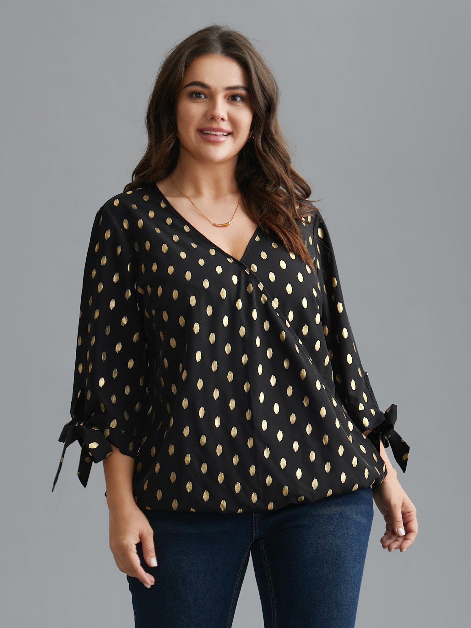 Glitter Overlap Collar Tie Knot Blouse
