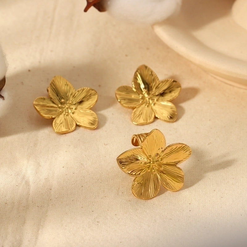 304 Stainless Steel 18K Gold Plated Retro Plating Flower Rings Earrings