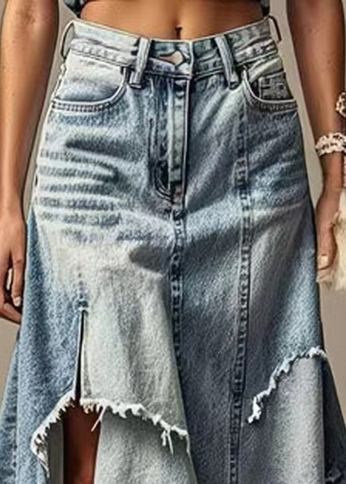 Modern Light Blue Asymmetrical Pockets High Waist  Summer